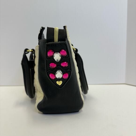 Betsey Johnson Black White Polka Dot Heart Quilted Bow Satchel Purse - Picture 8 of 9